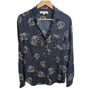 LOFT Women Dark Tropical Button Down Blouse S Blue Floral Utility Pocket Office